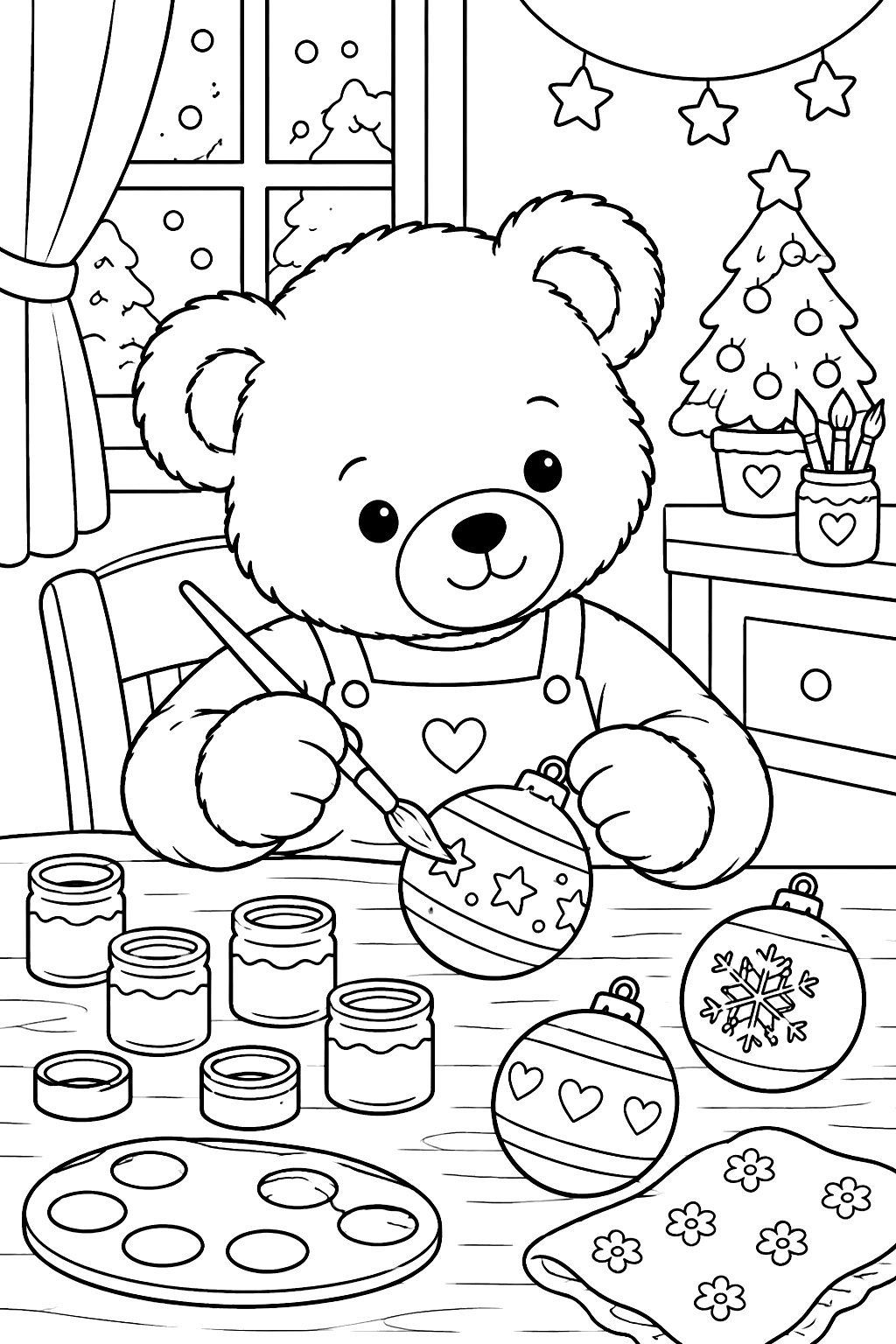 Teddy bear painting homemade ornaments at a table with paint pots coloring page