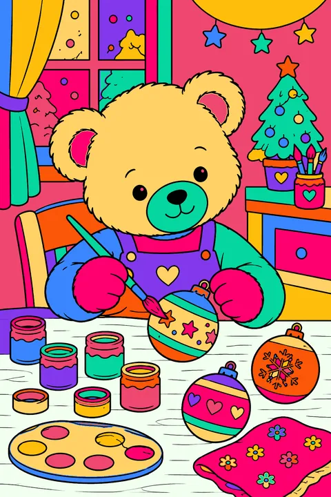 Teddy bear painting homemade ornaments at a table with paint pots coloring page