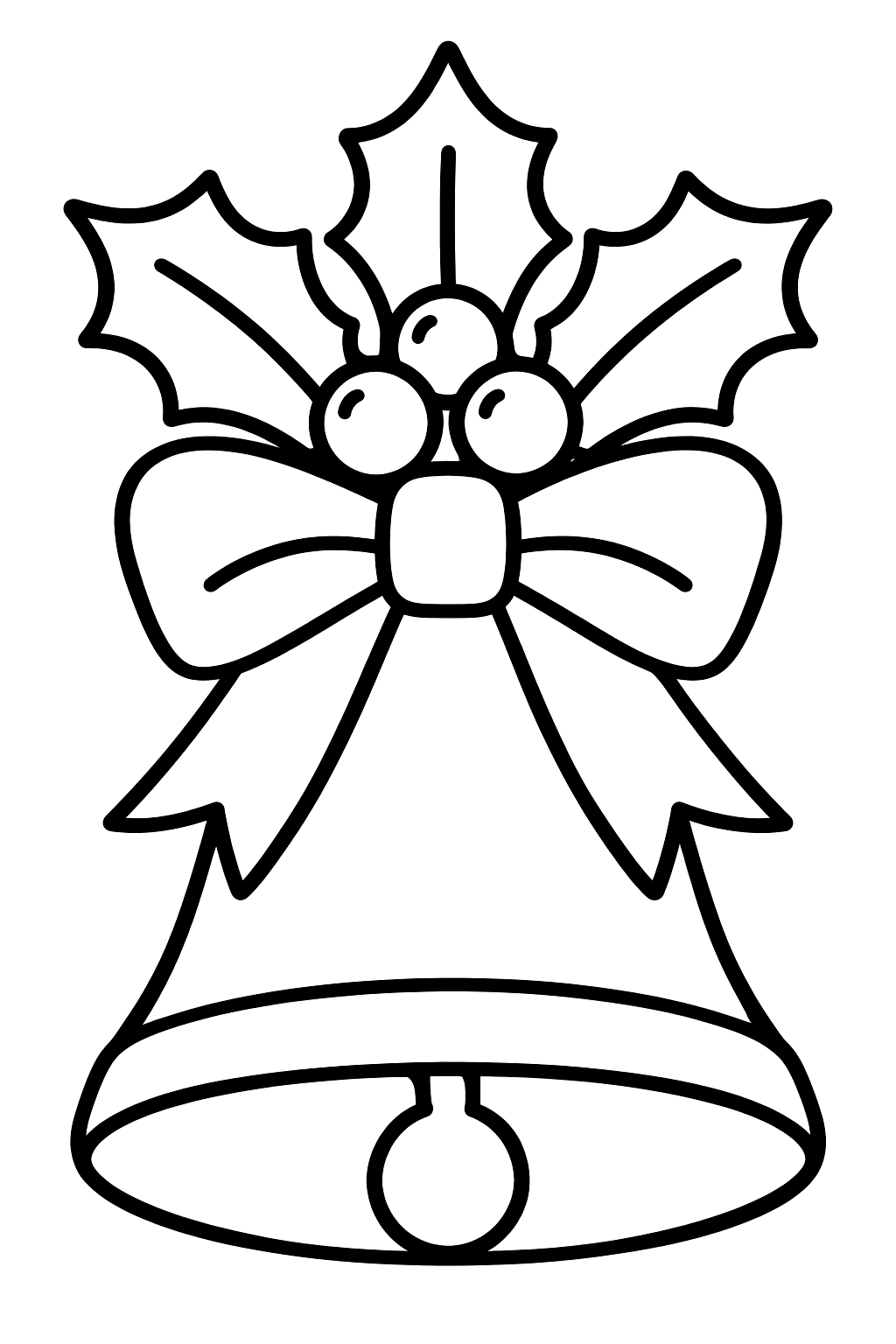 Bell ornament with holly leaves and berries tied with a ribbon coloring page