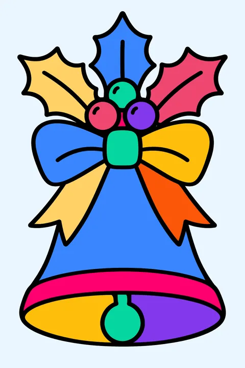 Bell ornament with holly leaves and berries tied with a ribbon coloring page