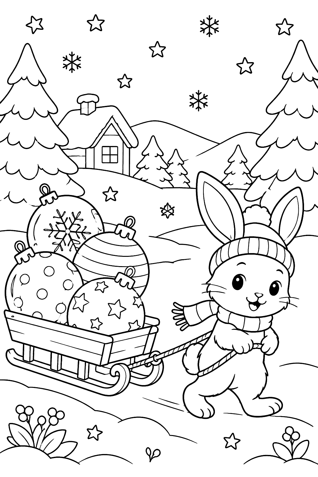 Little bunny pulling a sled loaded with big round ornaments coloring page