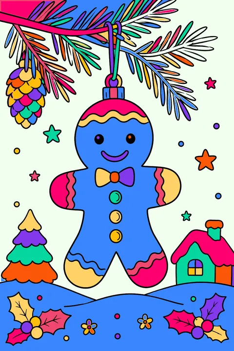 Gingerbread man ornament with icing buttons hanging from a pine bough coloring page