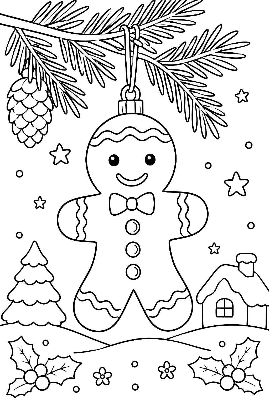Gingerbread man ornament with icing buttons hanging from a pine bough coloring page
