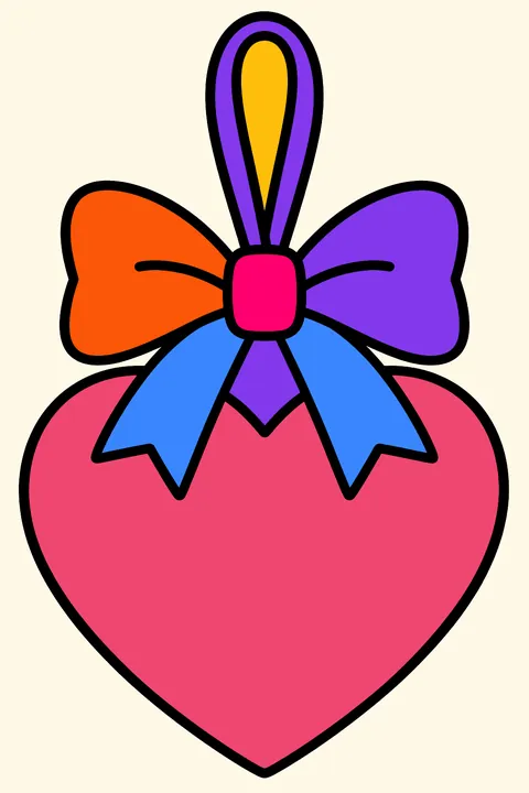 Heart shaped ornament with a big bow and a ribbon hanger coloring page