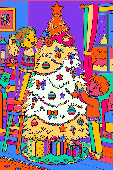 Two kids hanging ornaments on a tall christmas tree in the living room coloring page