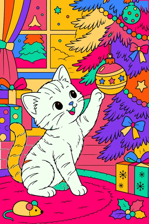 Playful kitten batting a shiny ornament hanging low on the christmas tree coloring page