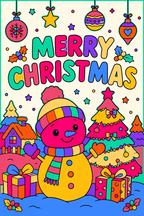 Big outline letters spelling merry christmas surrounded by hanging ornaments coloring page