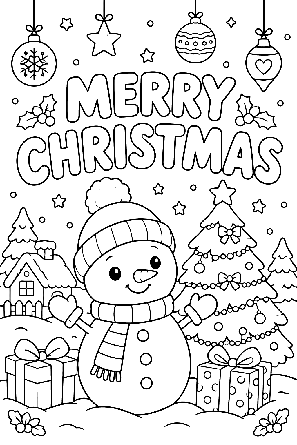 Big outline letters spelling merry christmas surrounded by hanging ornaments coloring page