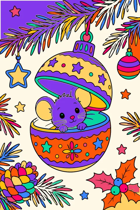 Tiny mouse peeking out of an open ornament on a pine branch coloring page