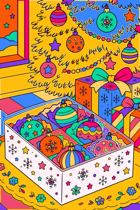 Box of glass ornaments sitting beside wrapped gifts under the tree coloring page