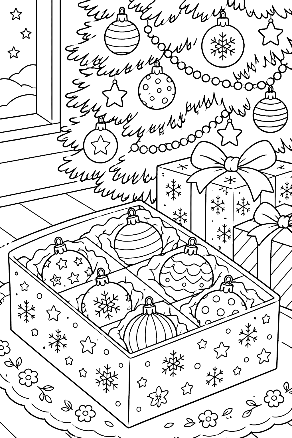 Box of glass ornaments sitting beside wrapped gifts under the tree coloring page