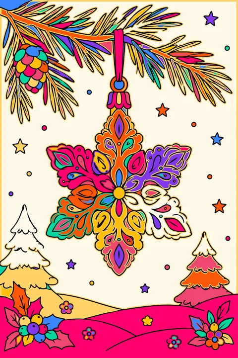 Snowflake ornament with lace patterns hanging from a pine branch coloring page