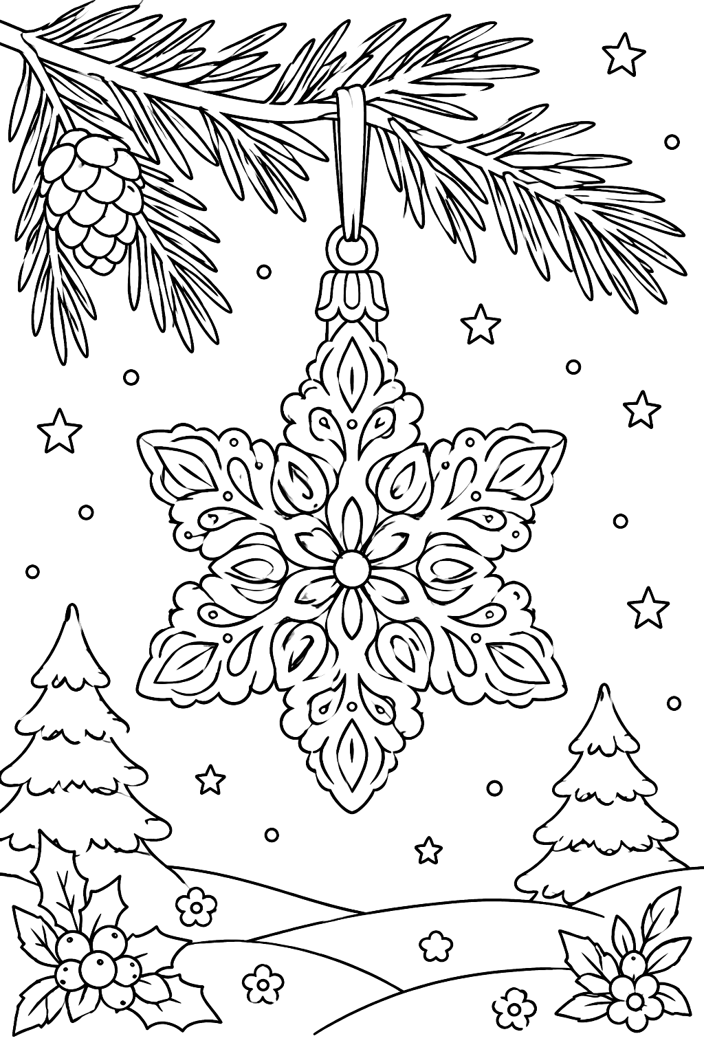 Snowflake ornament with lace patterns hanging from a pine branch coloring page