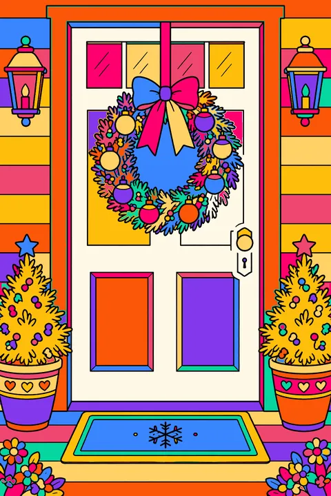 Wreath decorated with small round ornaments hanging on a front door coloring page