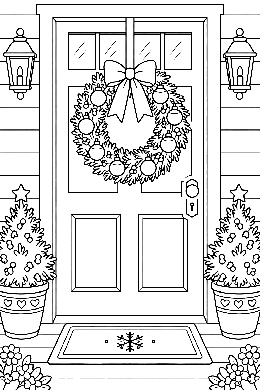 Wreath decorated with small round ornaments hanging on a front door coloring page