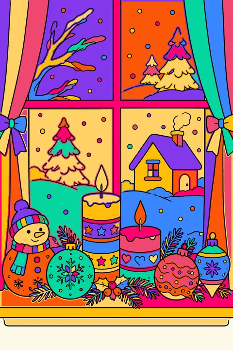 Row of ornaments and candles on a window sill with snow outside coloring page