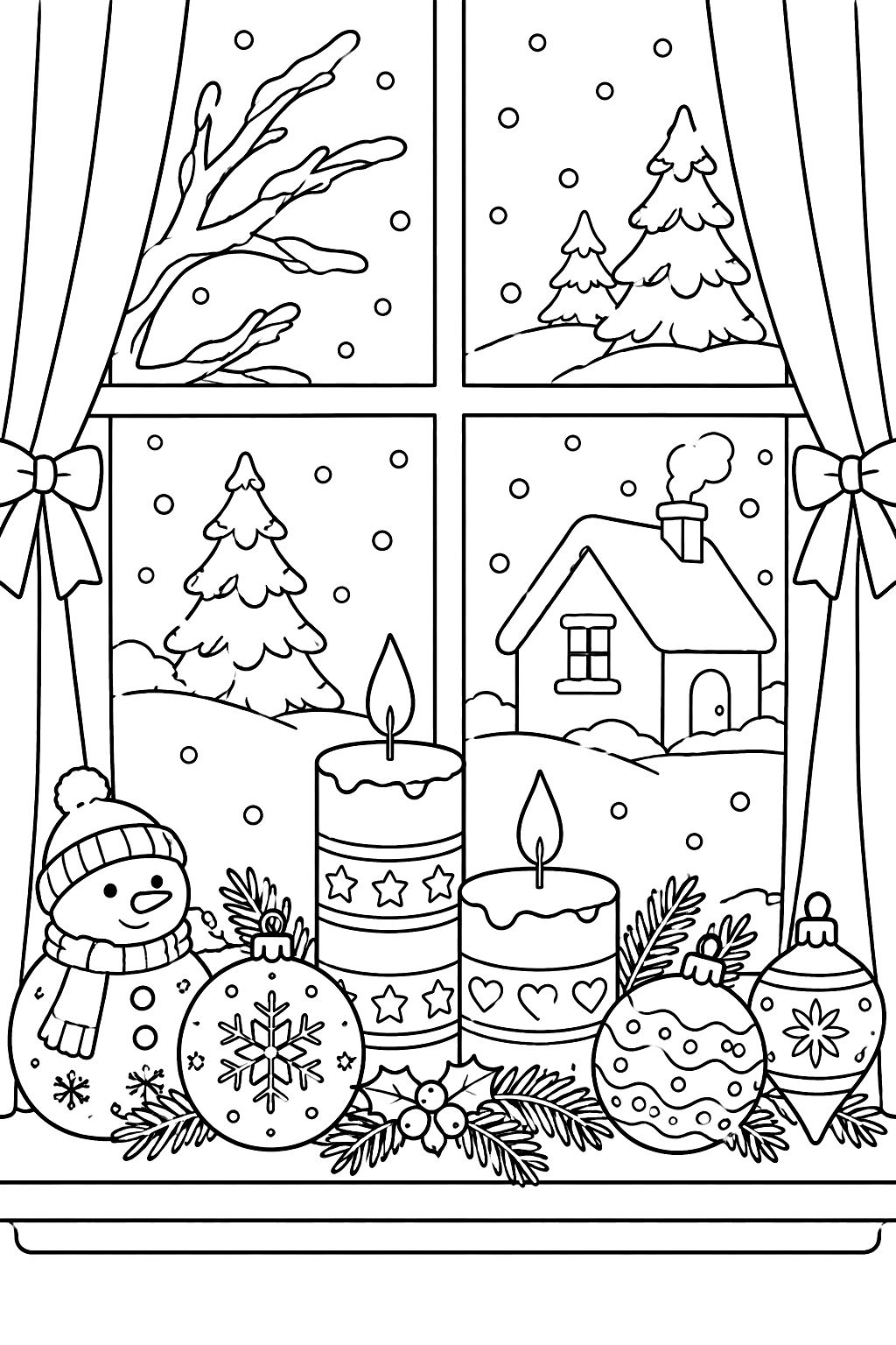 Row of ornaments and candles on a window sill with snow outside coloring page