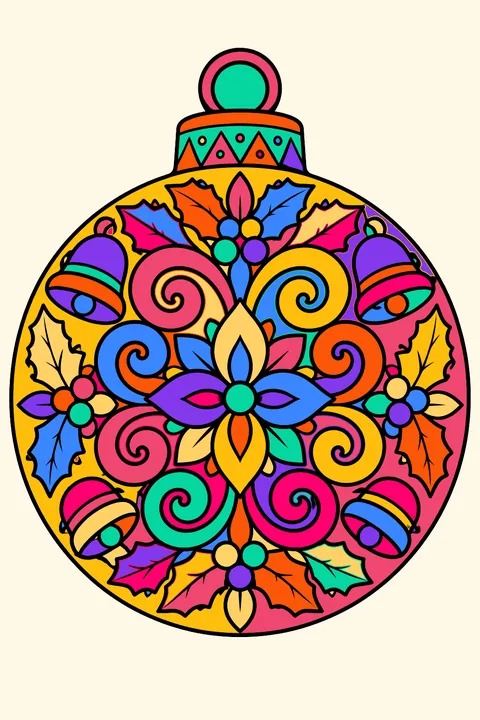 Ornate round ornament filled with mandala swirls, holly leaves and tiny bells coloring page