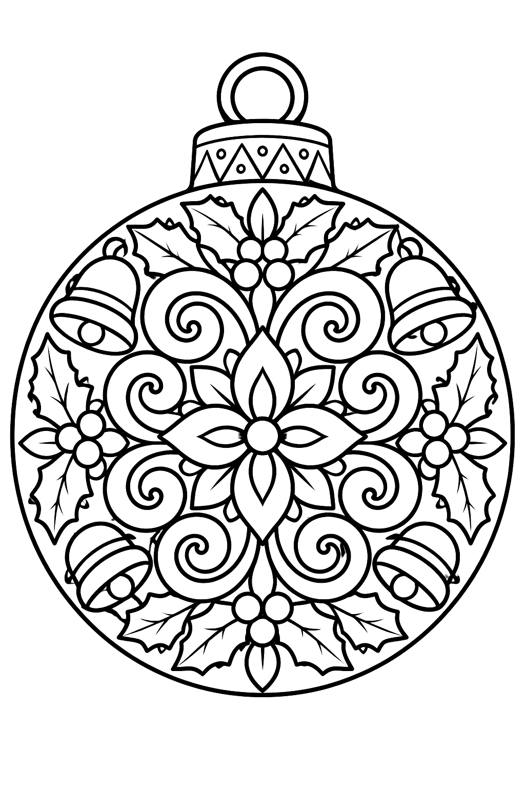 Ornate round ornament filled with mandala swirls, holly leaves and tiny bells coloring page