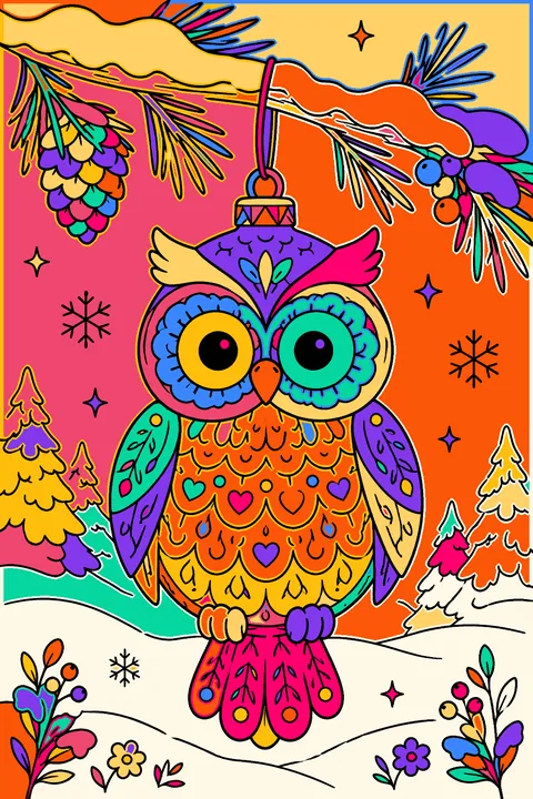 Owl shaped ornament with patterned feathers hanging on a snowy branch coloring page
