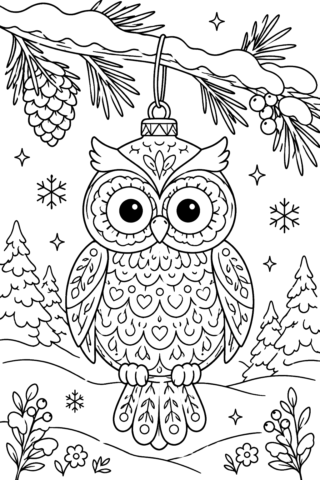Owl shaped ornament with patterned feathers hanging on a snowy branch coloring page