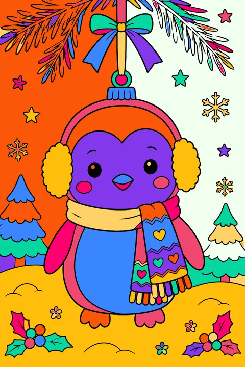 Penguin ornament wearing a scarf and earmuffs hanging on a ribbon coloring page
