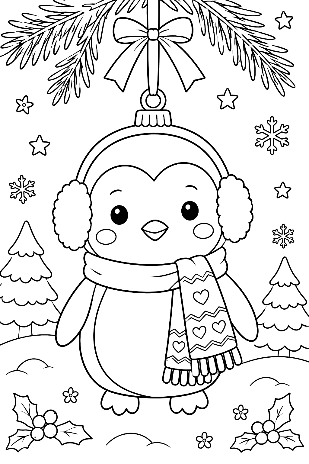 Penguin ornament wearing a scarf and earmuffs hanging on a ribbon coloring page