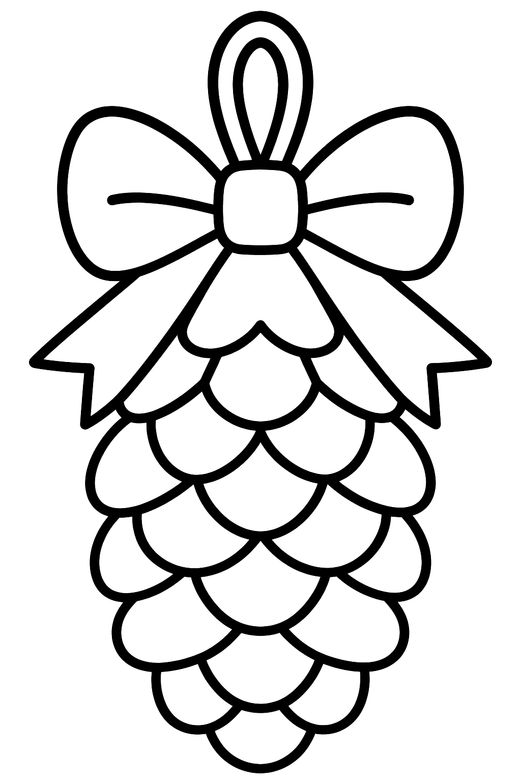 Pinecone ornament with a bow hanging from a simple loop coloring page