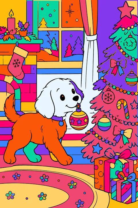Puppy carrying an ornament in its mouth toward a decorated christmas tree coloring page