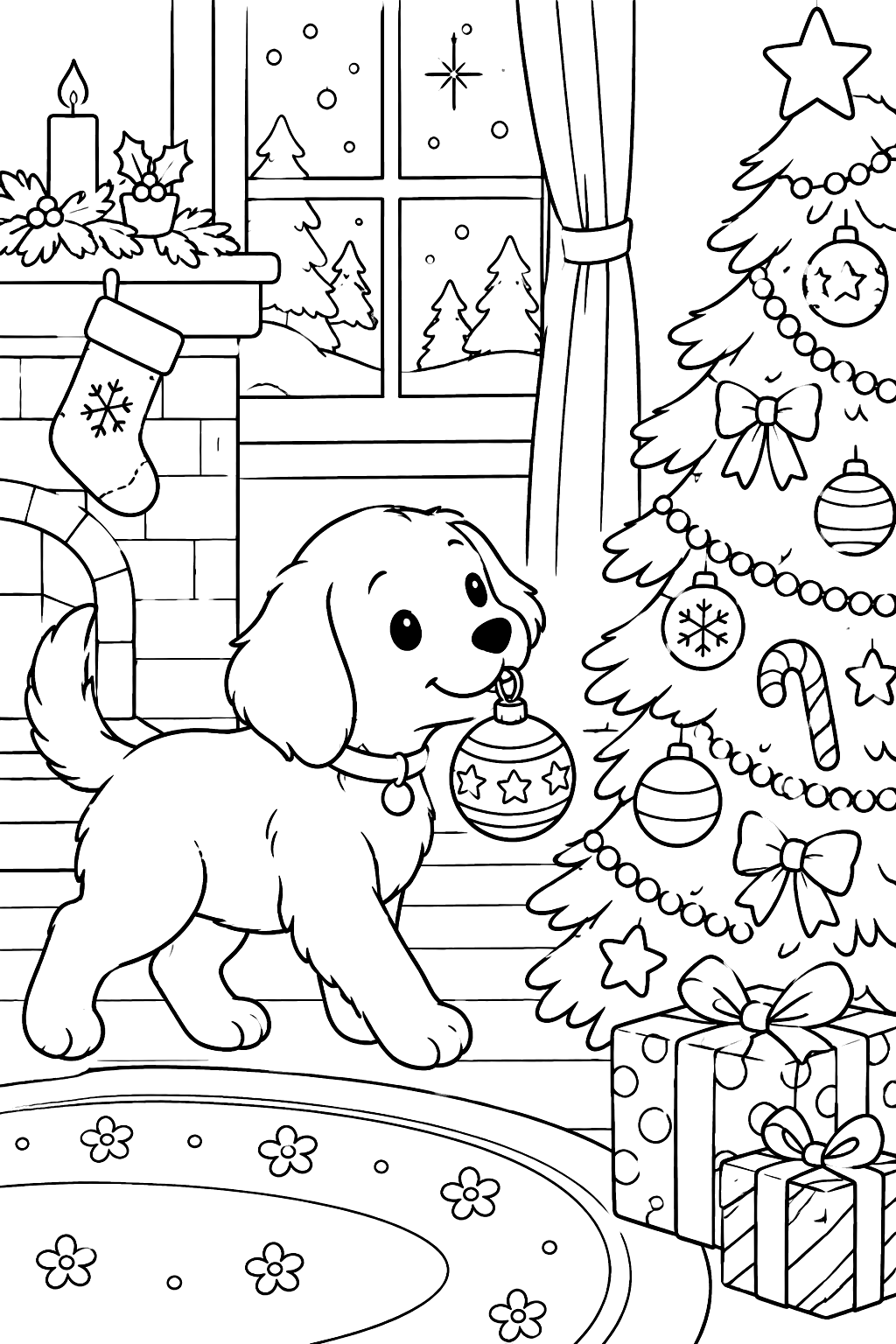 Puppy carrying an ornament in its mouth toward a decorated christmas tree coloring page