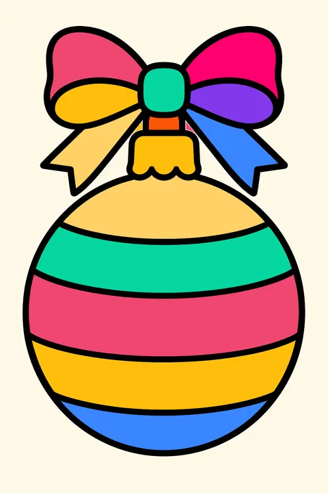 Round bauble ornament with wide stripes and a bow on top coloring page