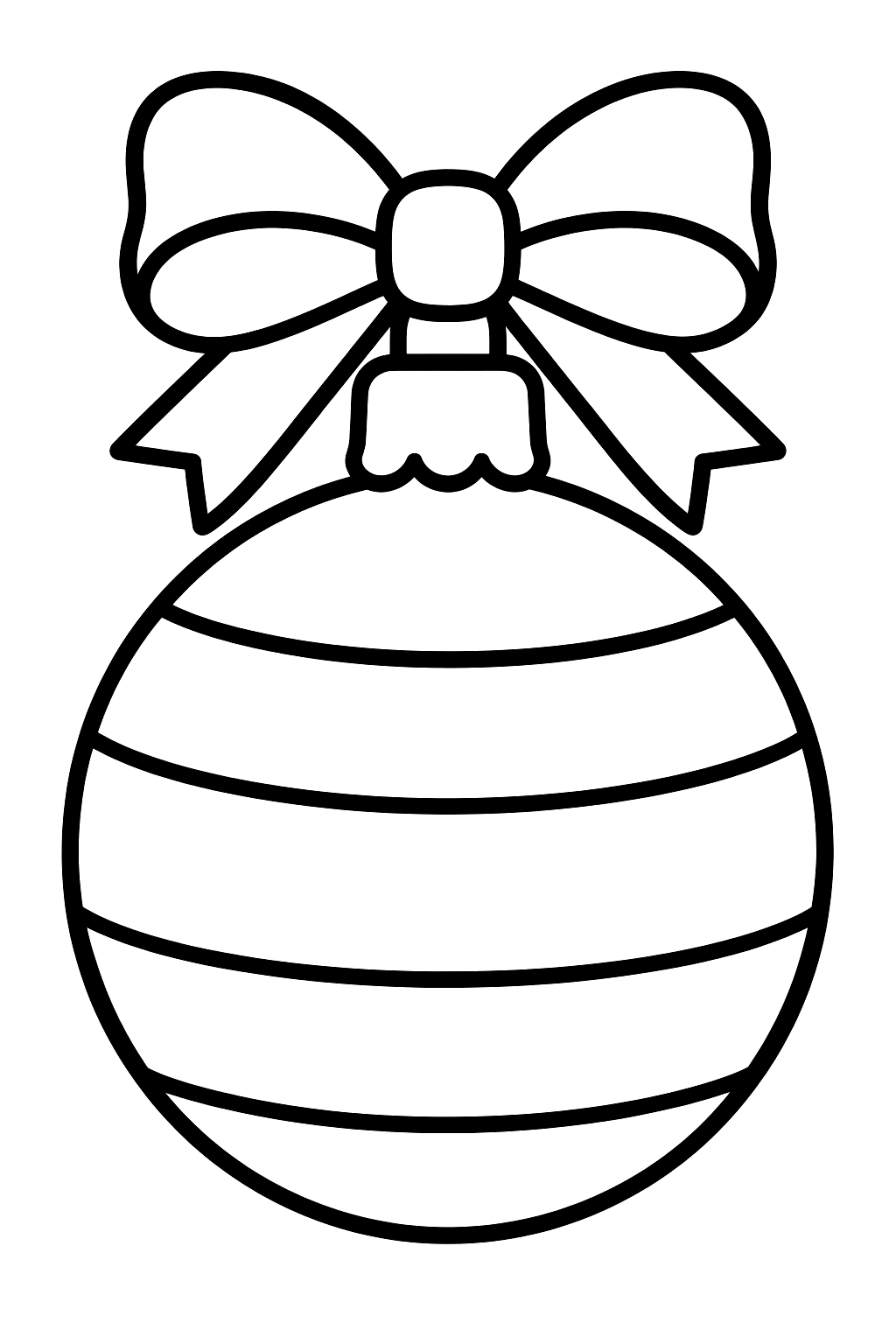 Round bauble ornament with wide stripes and a bow on top coloring page