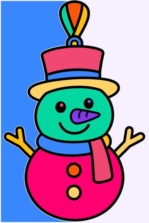 Snowman ornament with a top hat and carrot nose on a ribbon coloring page