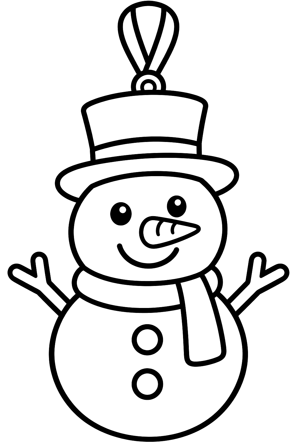 Snowman ornament with a top hat and carrot nose on a ribbon coloring page