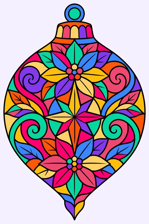 Stained glass style ornament with poinsettias, swirls and a star pattern coloring page
