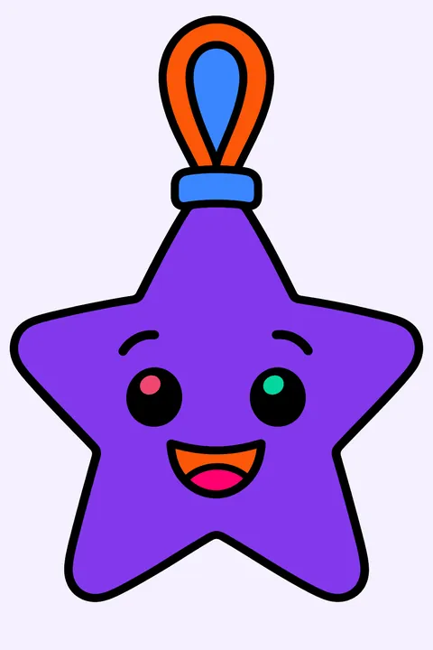 Star ornament with a smiling face and a ribbon loop coloring page