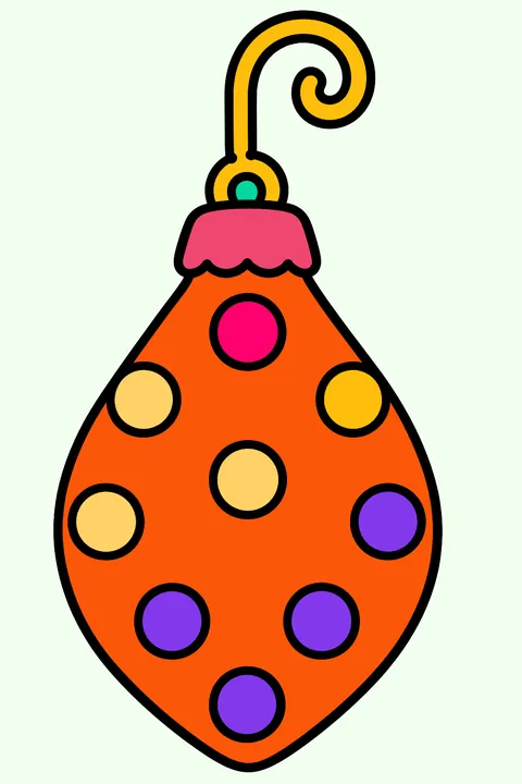 Teardrop ornament covered in polka dots hanging from a curly hook coloring page