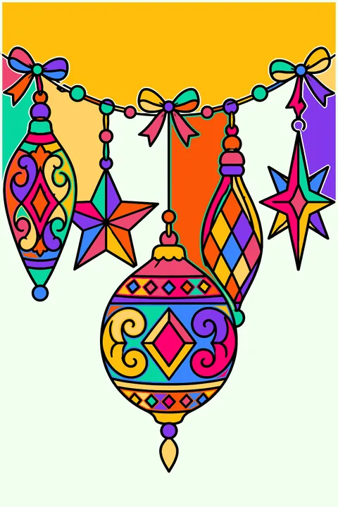 Collection of vintage ornaments with filigree, stars and diamond patterns on a garland coloring page