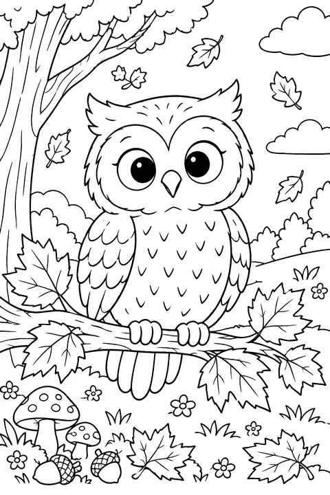 Owl with autumn leaves coloring page