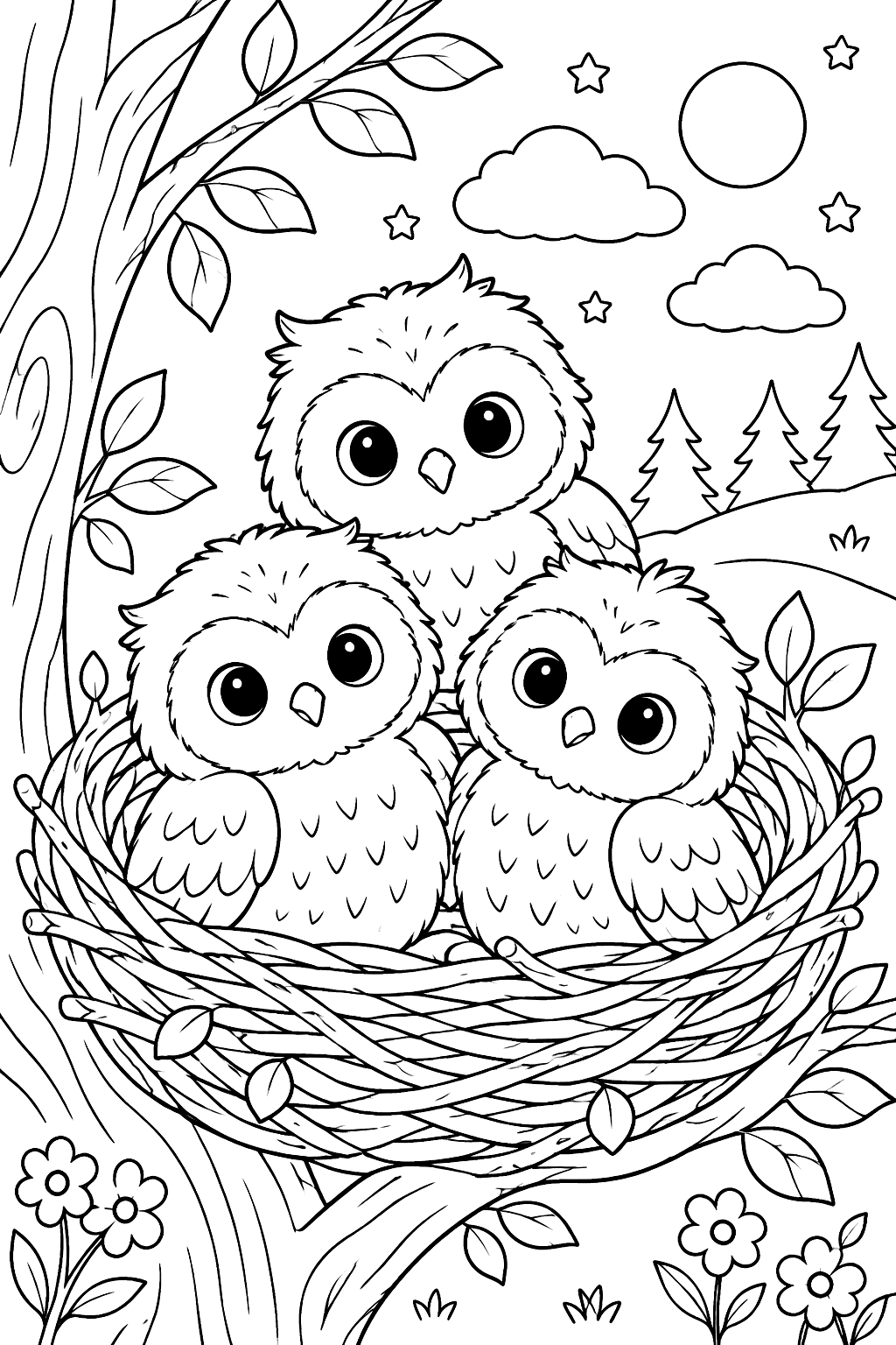 Baby owls in a nest coloring page