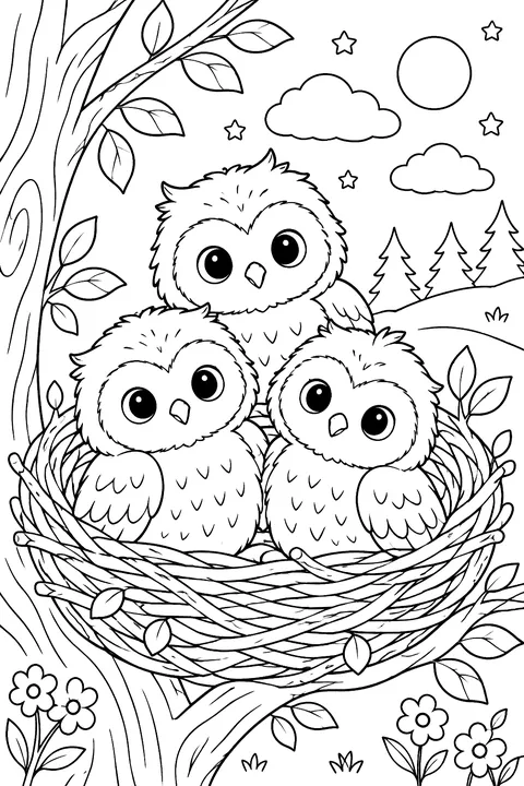 Baby owls in a nest coloring page