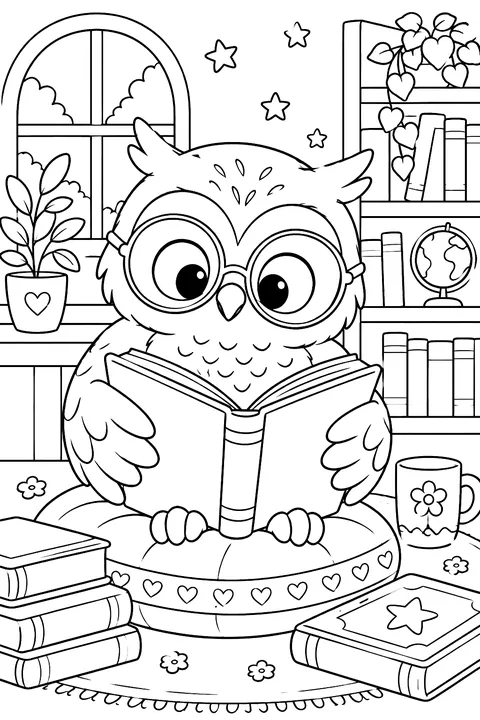 Owl with glasses reading books coloring page