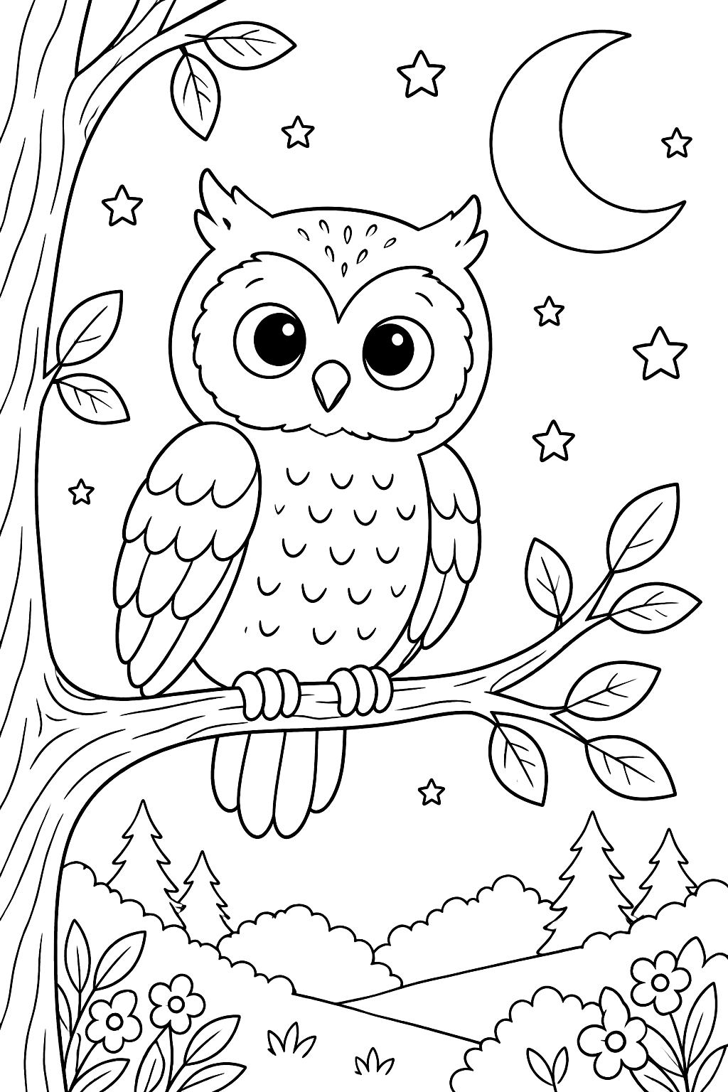 Owl on a branch under a crescent moon coloring page