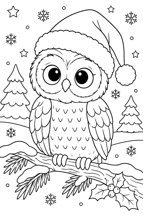 Owl with a Santa hat coloring page