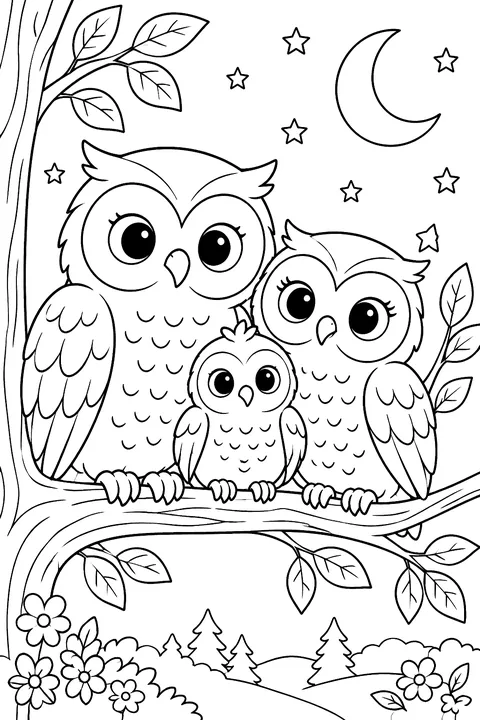 Owl family on a branch coloring page
