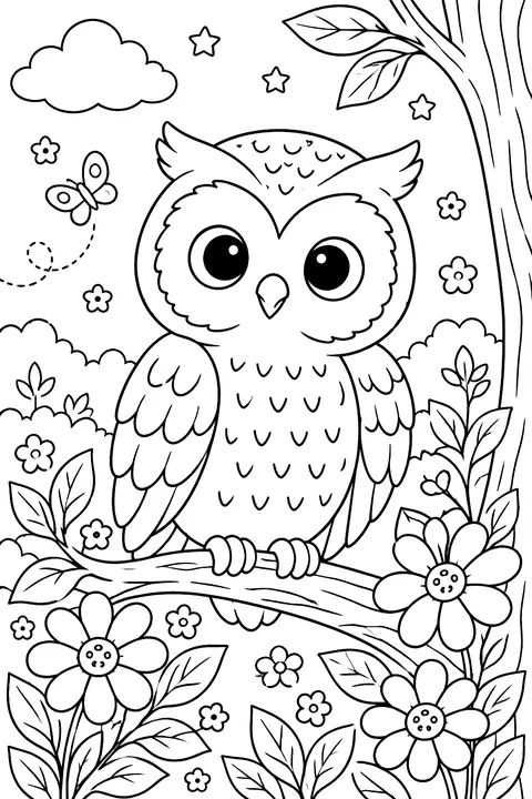 Owl among flowers coloring page