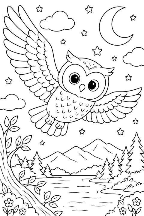 Owl flying at night coloring page