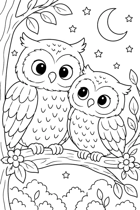 Two owls together coloring page