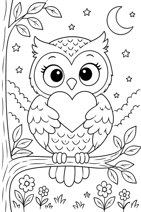 Owl holding a heart coloring page