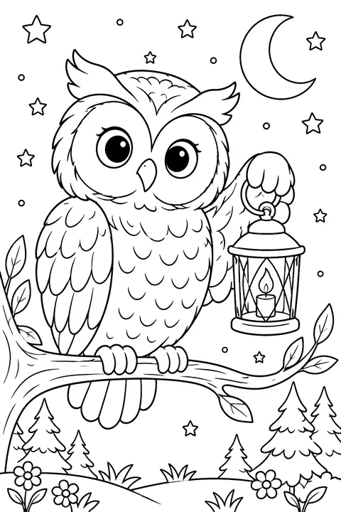 Owl holding a lantern coloring page